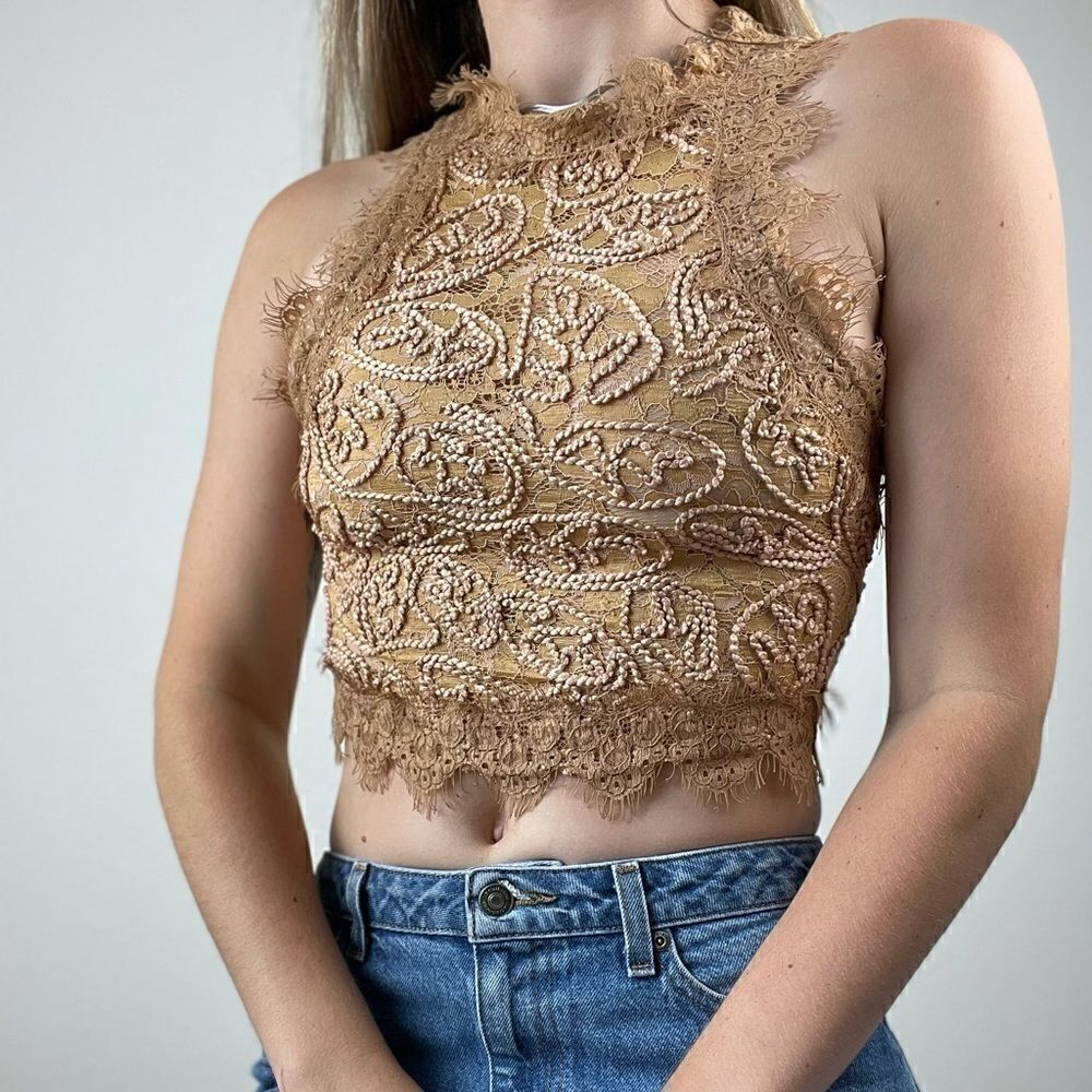 COPY - Zara Crochet Nude Tan Lace Tank Sleeveless Crop Top Sz S